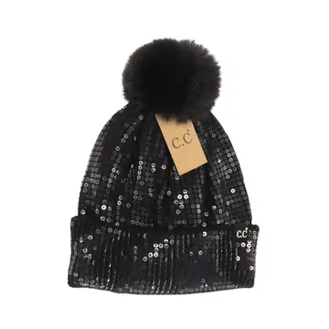 Allover Clear Sequin Faux Fur Pom C.C. Beanie