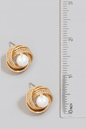 Metallic Knot Pearl Stud Earrings