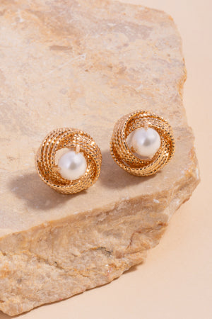 Metallic Knot Pearl Stud Earrings