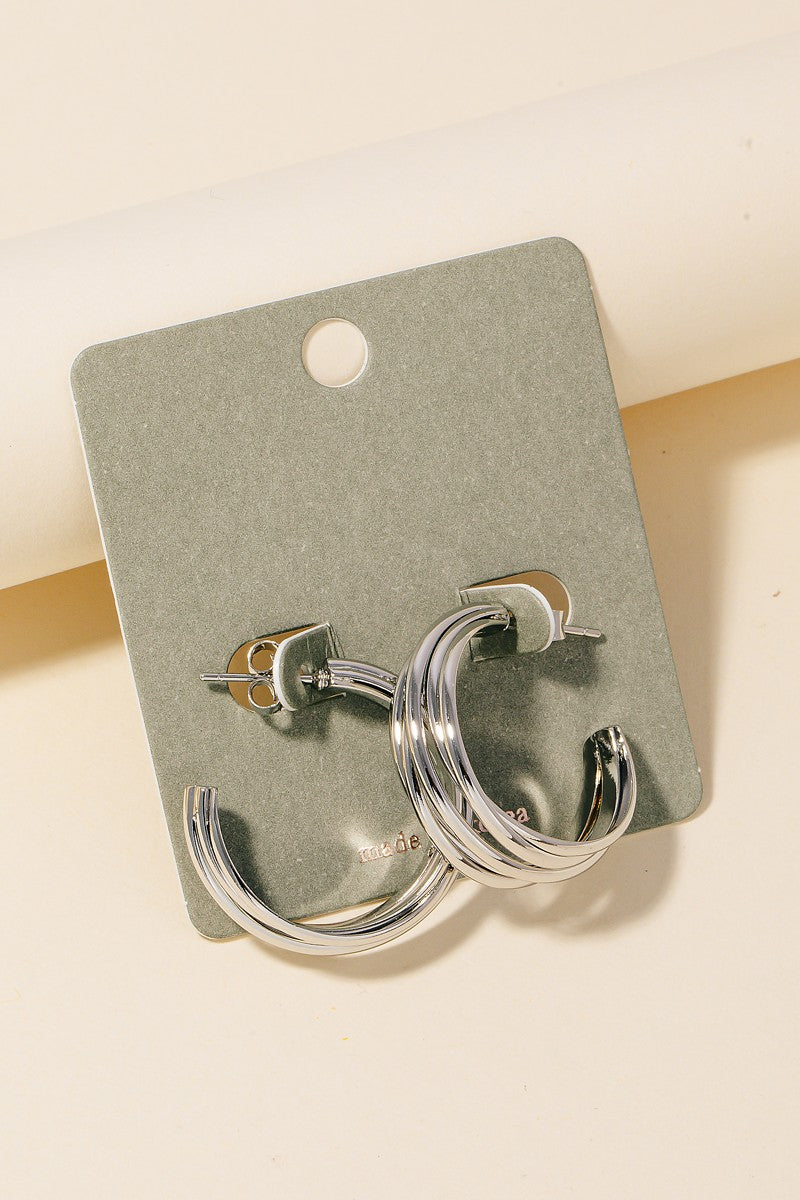 Layered Metallic Hoop Earrings, Silver