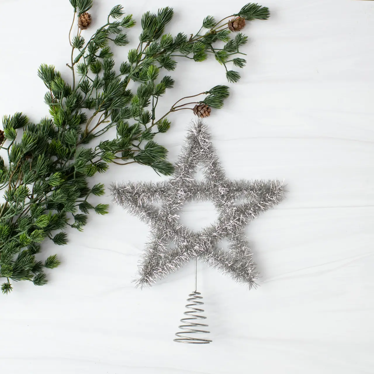 Silver Tinsel Star Tree Topper 10"
