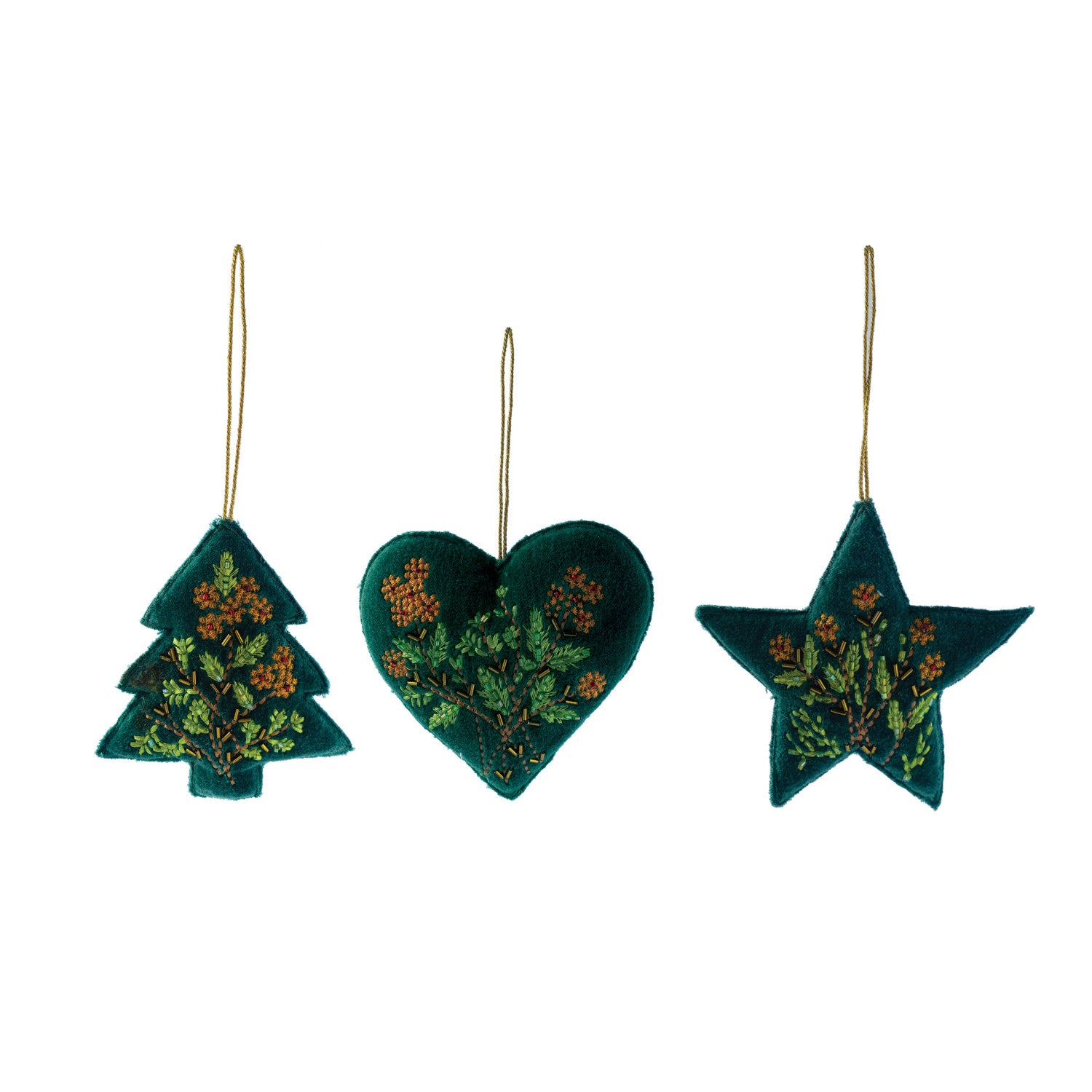 Cotton Velvet & Glass Bead Heart,Star & Tree