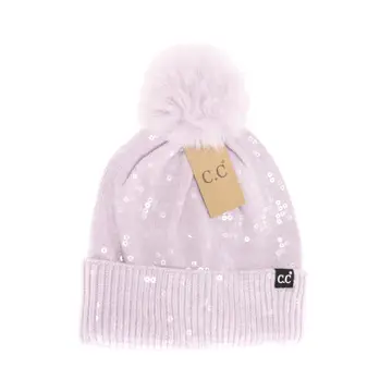 Allover Clear Sequin Faux Fur Pom C.C. Beanie