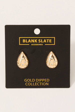 Gold Dipped Rhinestone Studded Teardrop Earrings, Gold