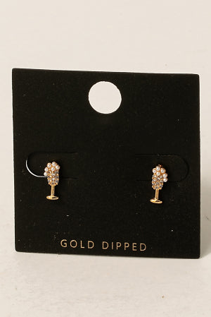 Gold Dipped CZ & Pearl Champagne Glass Stud Earrings Gold