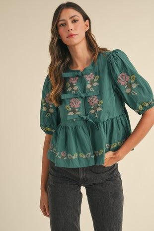 Jen Floral Embroidered Peplum Top