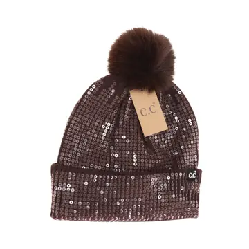 Allover Clear Sequin Faux Fur Pom C.C. Beanie