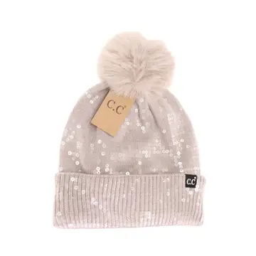 Allover Clear Sequin Faux Fur Pom C.C. Beanie