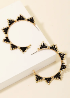 Seed Bead Fringe Hoop Earrings, BK