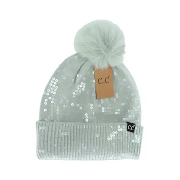 Allover Clear Sequin Faux Fur Pom C.C. Beanie