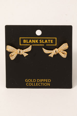 Gold Dipped Pave Ribbon Bow Earrings, Gold