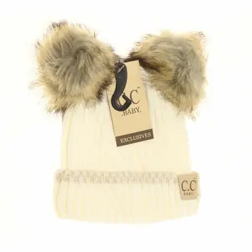 Baby Solid Knit Double Fur Pom Beanie