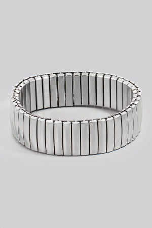 Metallic Rectangle Wide Bars Elastic Bracelet, Silver