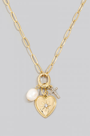 Pearl Cross & North Star Heart Charms Chain Necklace