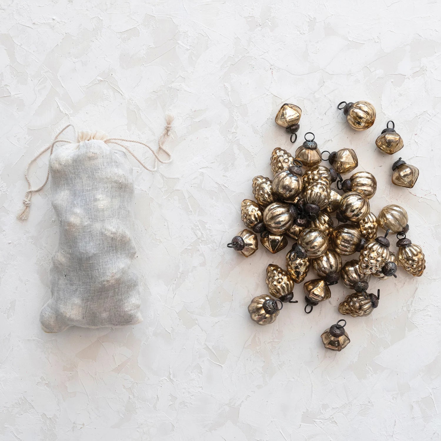 1"H Embossed Mercury Glass Ornaments in Muslin Bag (36)