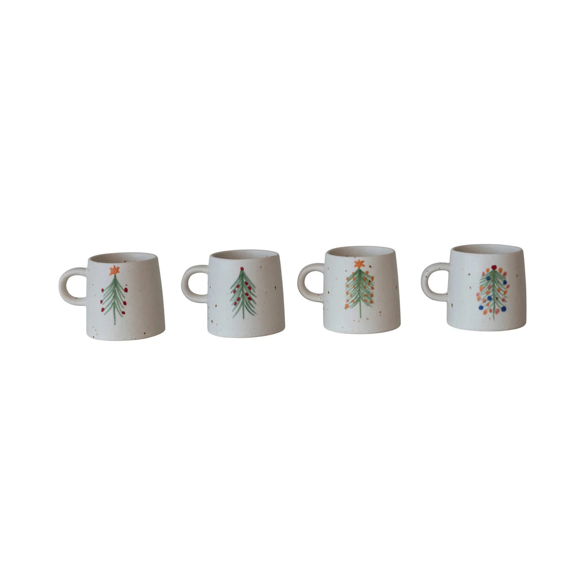 Four holiday Christmas tree mugs.