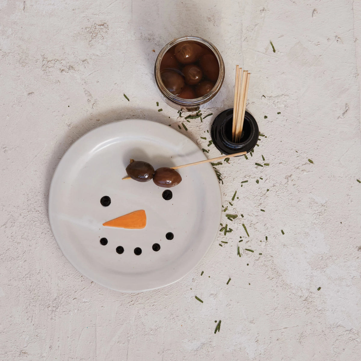 Stoneware Snowman Plate W/Hat Toothpick Holder