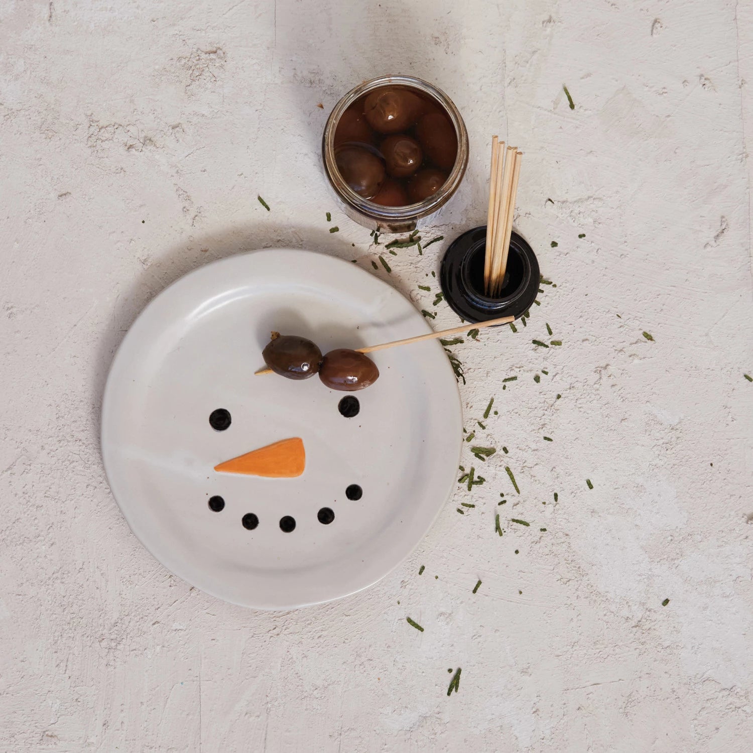 Stoneware Snowman Plate W/Hat Toothpick Holder