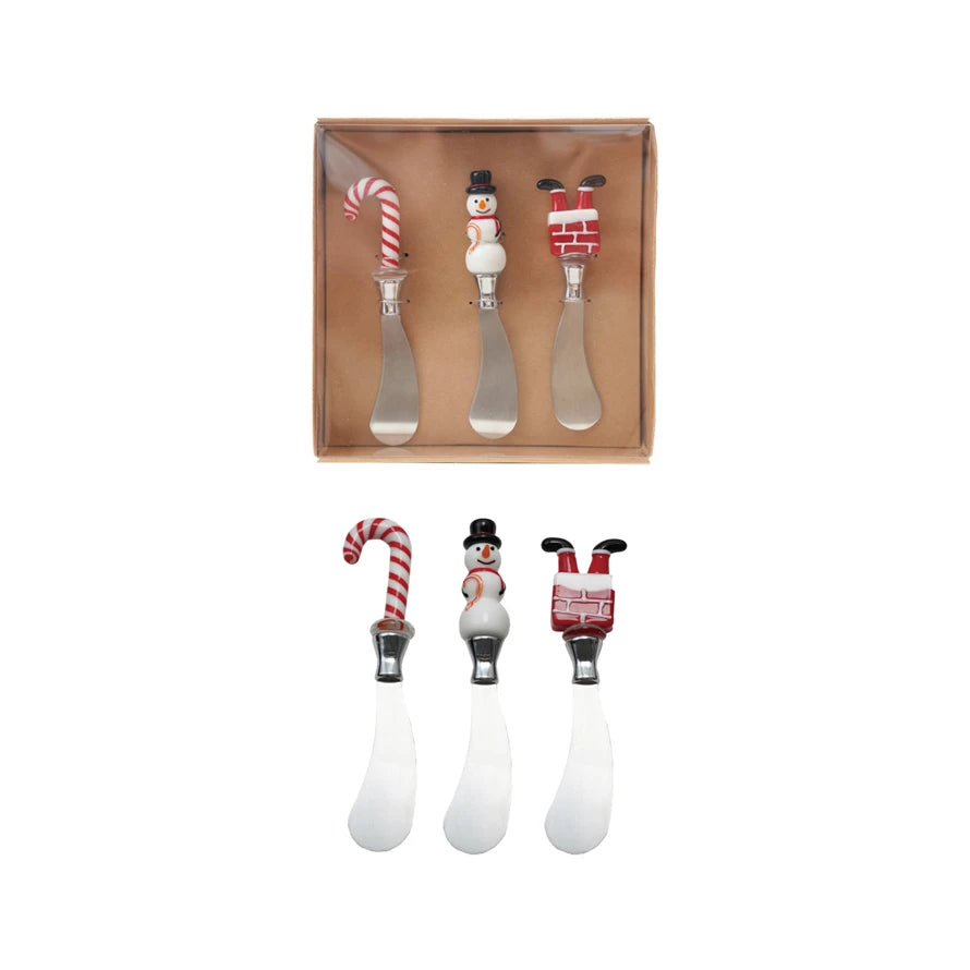 Canape Knives W/Glass Holiday Handle Set/3