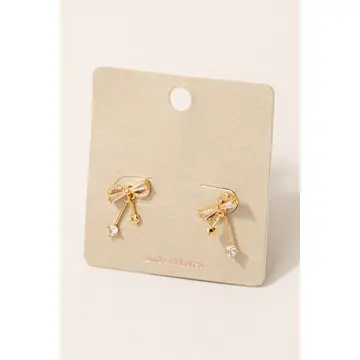 Dangle Charms Rhinestone Bow Stud Earrings Gold