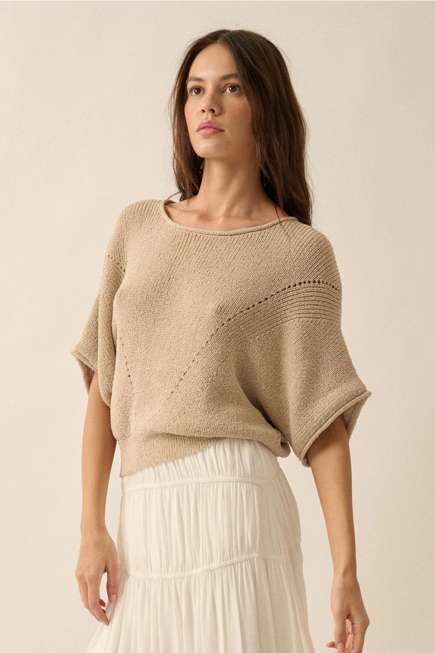 Colleen Short Sleeve Pointelle Ribbed Knit Sweater