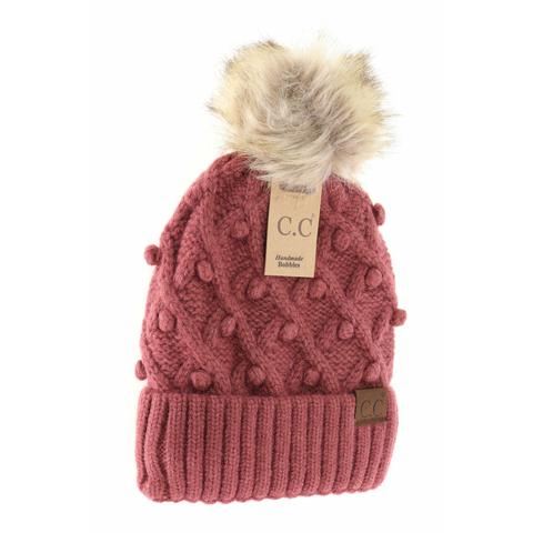 Bobble Knit Fur Pom C.C. Beanie CoCo Berry