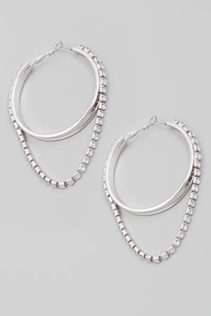 Rhinestone Circle Latch Hoop Earrings, Silver