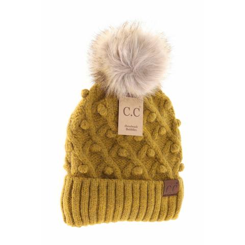 Bobble Knit Fur Pom C.C. Beanie Mustard Mix